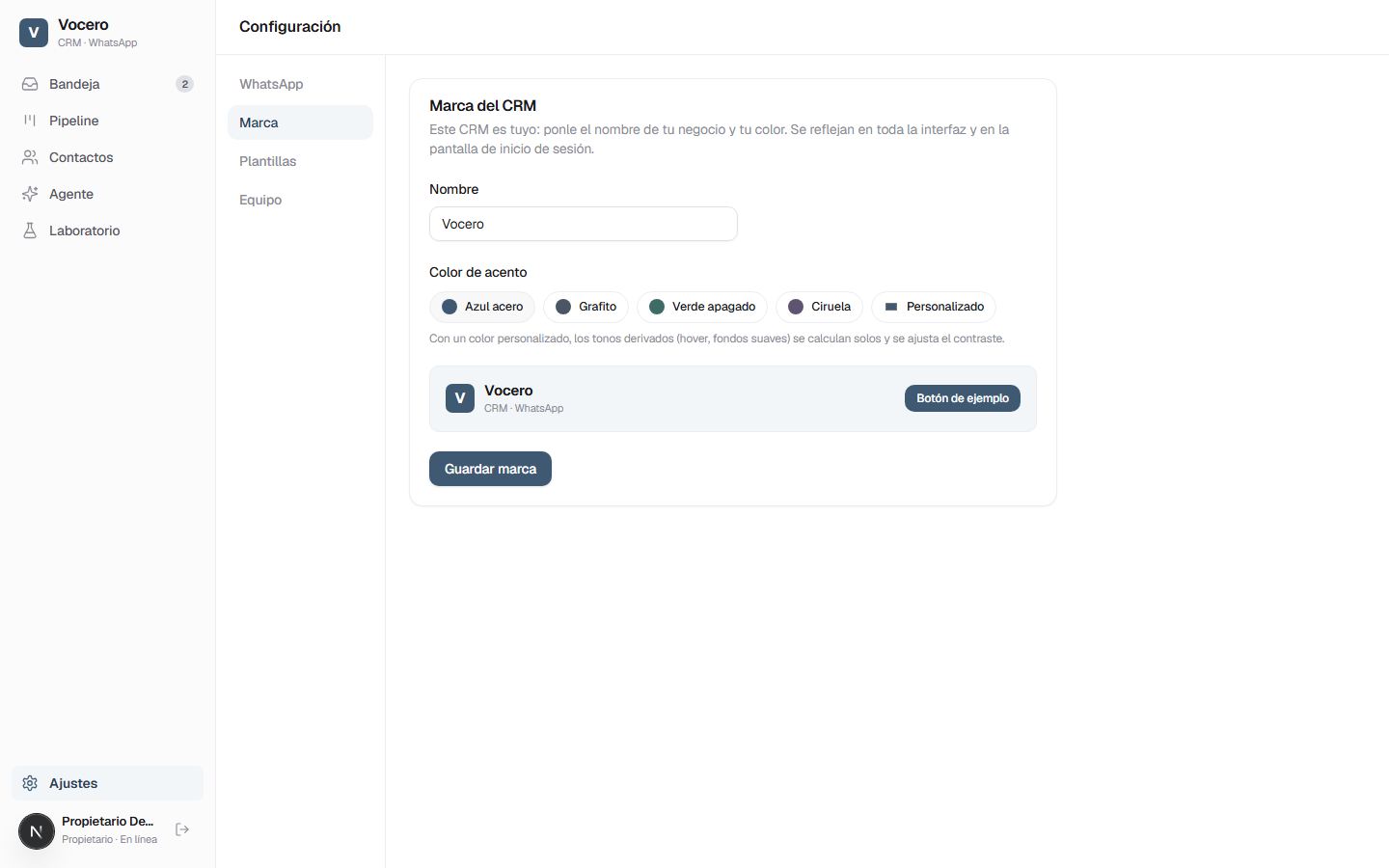 Tela de configuração de marca personalizada da Vocero