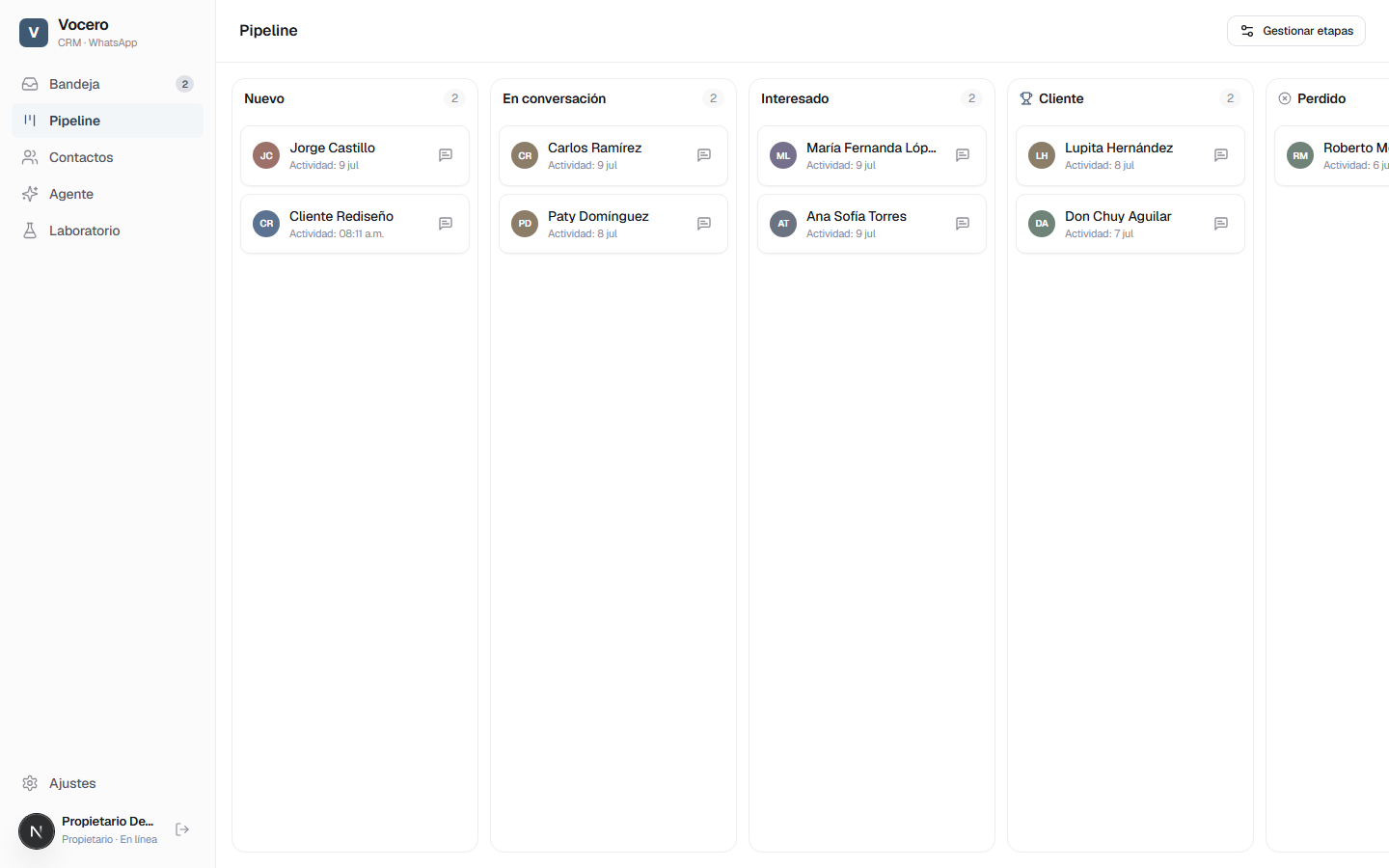 Tela do pipeline Kanban da Vocero