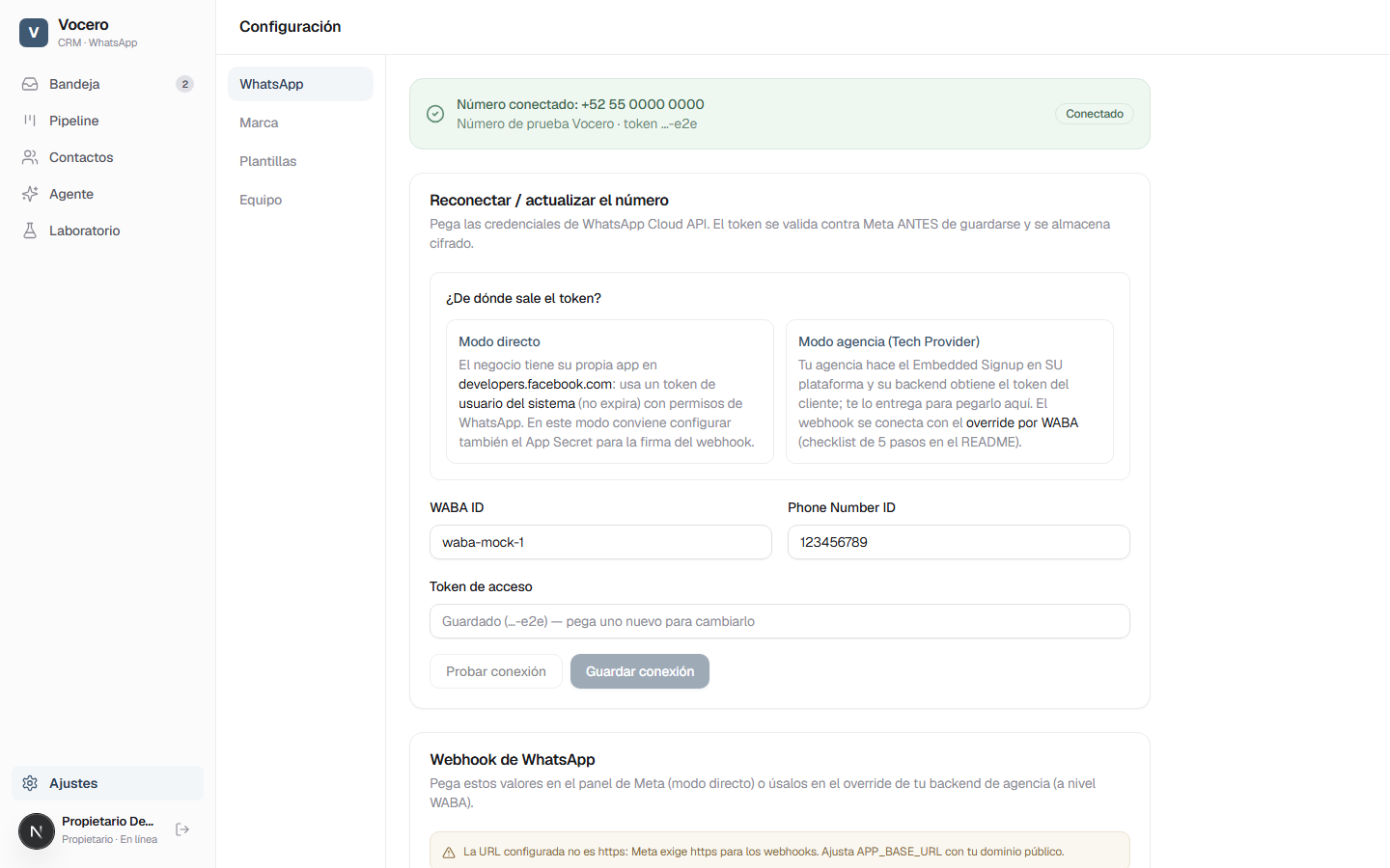 Tela de conexão do WhatsApp da Vocero